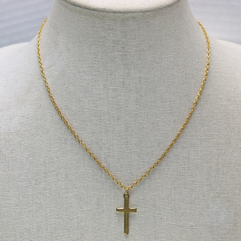 Cross Pendant Necklace 17 Inch Gold Tone Minimalist Religious Jewelry Charm